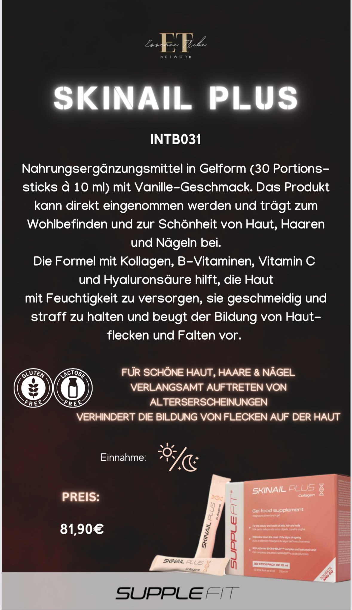 SKINAIL PLUS – Nahrungsergänzungsmittel in Gelform für Haut, Haare & Nägel
Mit dem patentierten Komplex SKINHELP™ #INTB031