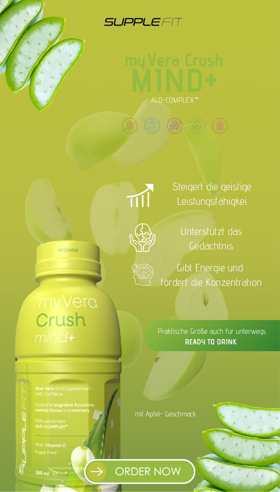MYVERA CRUSH MIND + | NAHRUNGSERGÄNZUNGSMITTEL MIT KOFFEIN IN EINZELFLASCHEN À 285ml