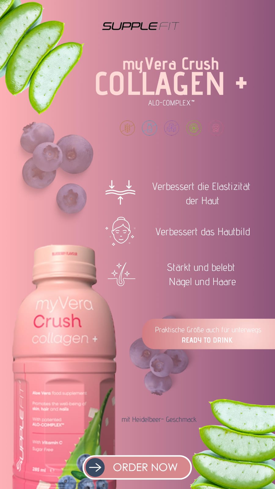 MYVERA CRUSH COLLAGEN + | NAHRUNGSERGÄNZUNGSMITTEL IN EINZELFLASCHEN À 285ml