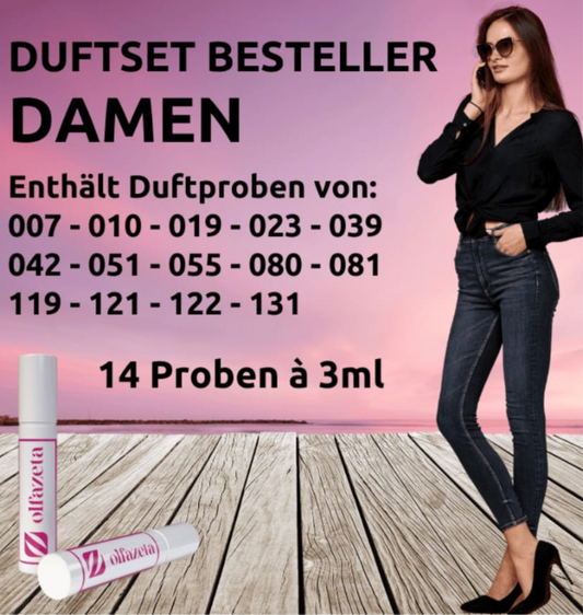 DAMEN- DUFTSET BESTSELLER       enthält duftproben von: 007,010,019,023,039,042,051,055,     080,081,119,121,122,131