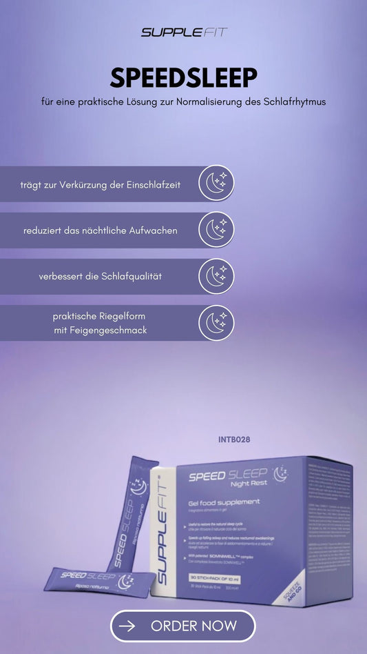 SPEEDSLEEP – Nahrungsergänzungsmittel in Gelform mit Melatonin 
Mit dem patentierten Komplex SOMNIWELL™ #INTB028