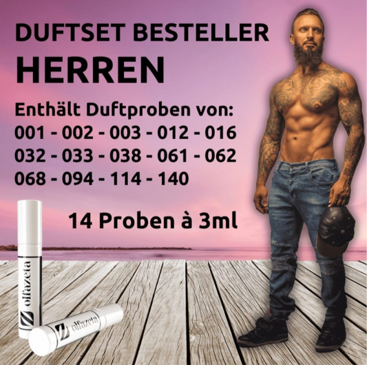 HERREN-DUFTSET BESTSELLER        enthält Duftproben von: 001,002,003,012,016,032,033,038,    061,062,068,094,114,140