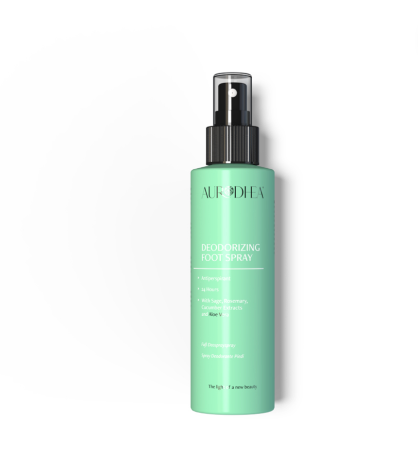 Fuß Deospray 
Angereichert mit Mit Salbei-, Rosmarin-, Gurkenextrakt & Aloe Vera #PS01B