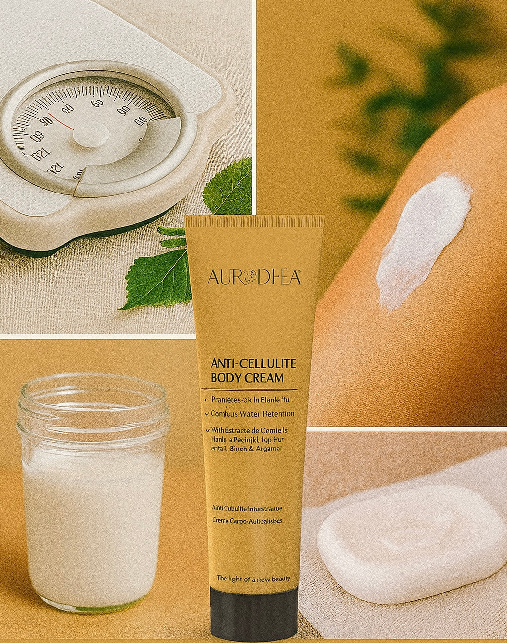 Anti-Cellulite Körpercreme mit Arganöl 
Angereichert mit Extrakten aus asiatischem Wassernabel, Efeu, Schachtelhalm & Birke #CR20B #CU10B