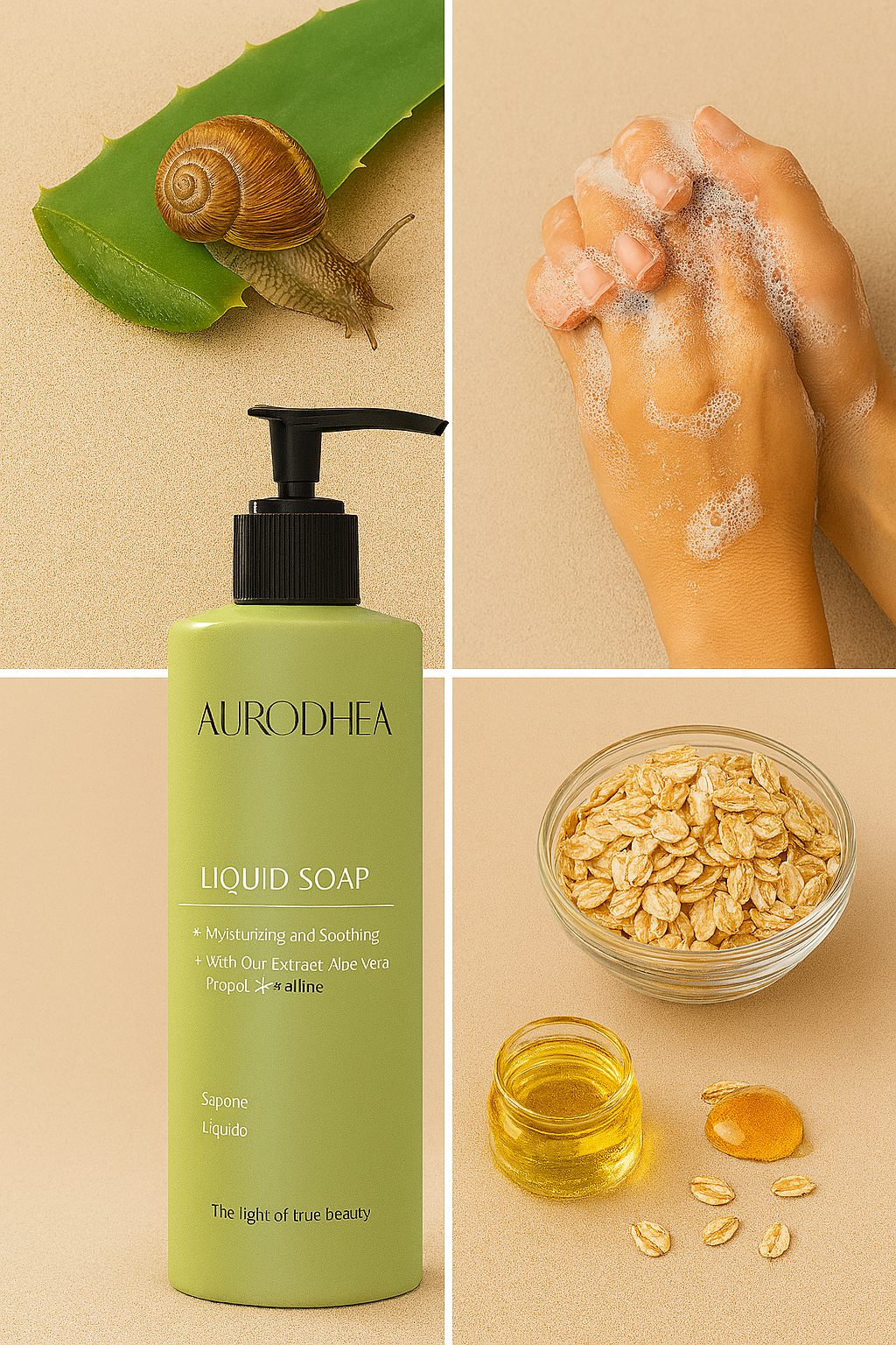 Flüssigseife mit Schneckenschleim 
Angereichert mit Aloe Vera, Hafer & Propolis #BV07B