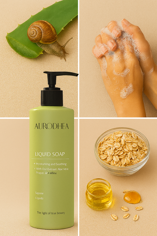 Flüssigseife mit Schneckenschleim 
Angereichert mit Aloe Vera, Hafer & Propolis #BV07B
