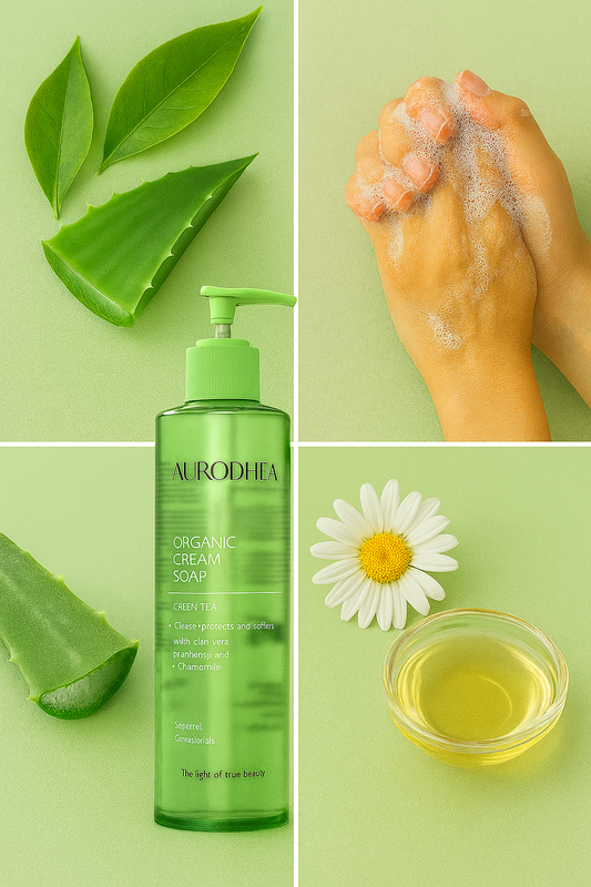 Cremeseife – grüner Tee 
Angereichert mit Glycerin, Panthenol, Aloe & Kamille #SP02B  #RSP02B