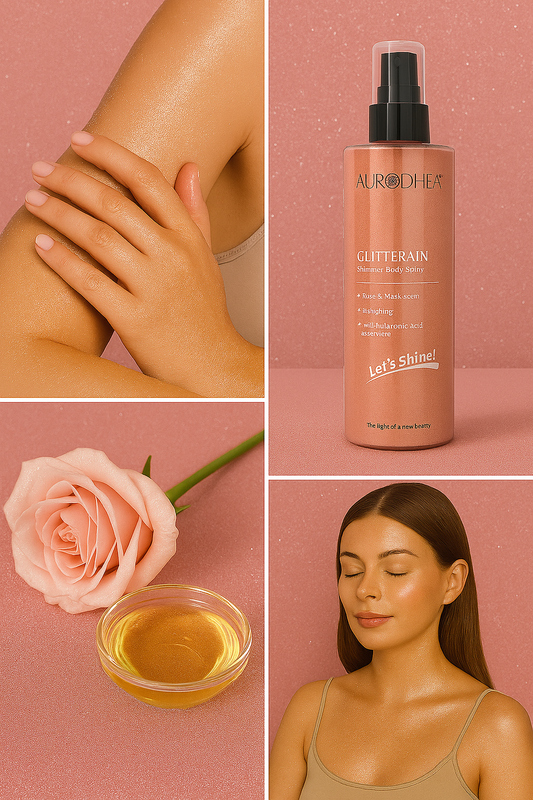 GLITTERAIN – Golden Shimmer Body Spray (Mit dem Duft nach Monoi & Milch) 
Angereichert mit Hyaluronsäure & Aloe Vera #SOL21