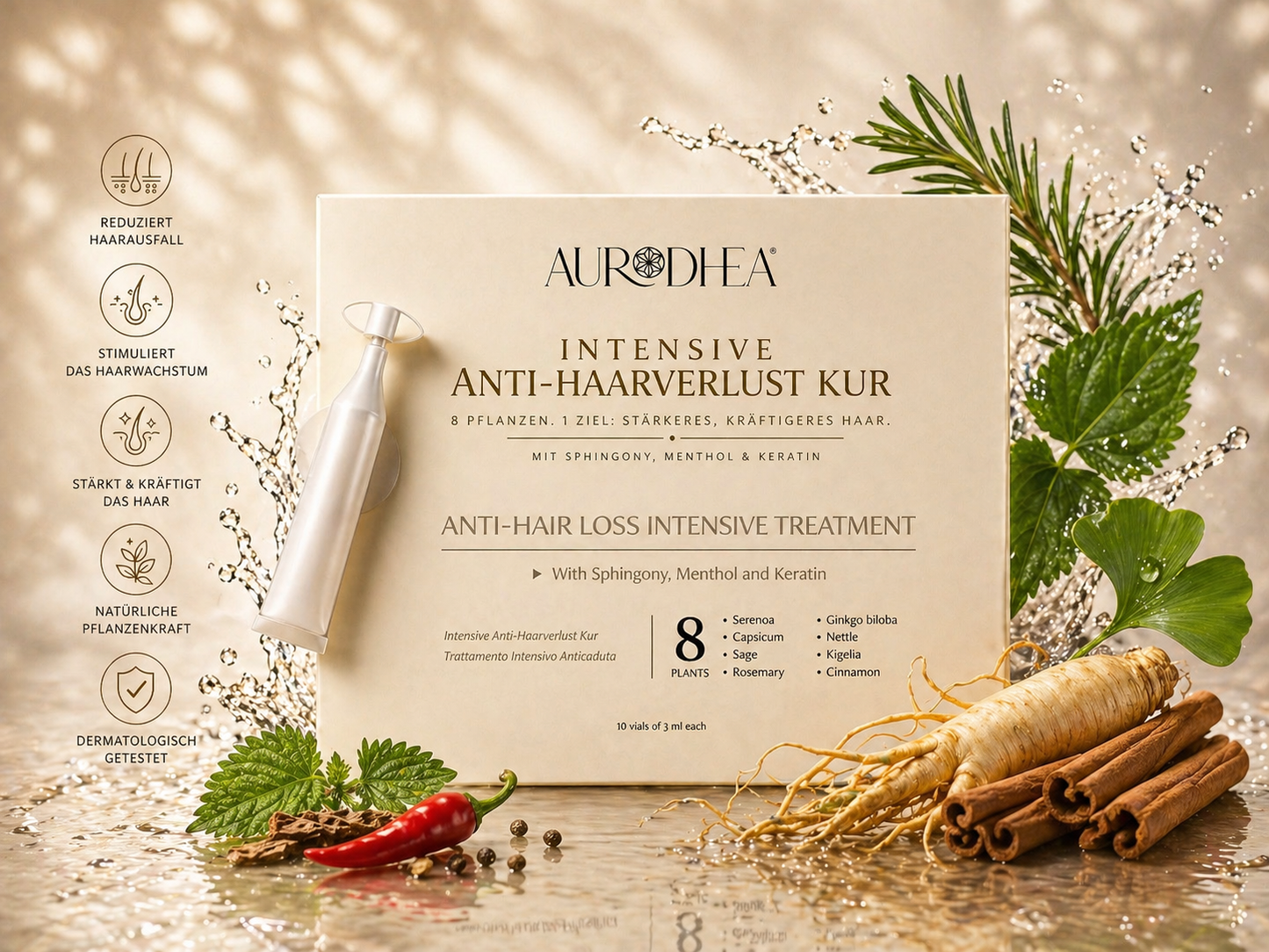 INTENSIVE ANTI-HAARVERLUST KUR
Angereichert mit Sphingony, Menthol & Keratin – 10 Ampullen zu je 3 ml #FA01B
