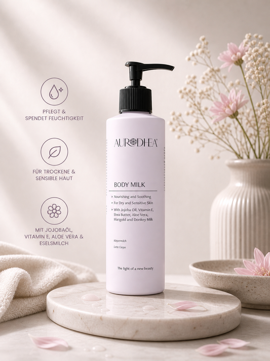Körpermilch mit Eselsmilch 
Angereichert mit Jojobaöl, Vitamin E, Sheabutter, Aloe Vera & Ringelblume #LA02B