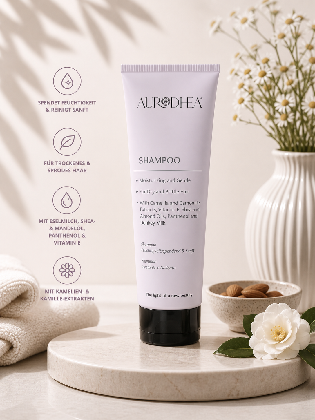 Shampoo mit Eselsmilch 
Mit Vitamin E, Extrakten aus Kamelie & Kamille, Shea- & Mandelöl, Panthenol  #LA03B