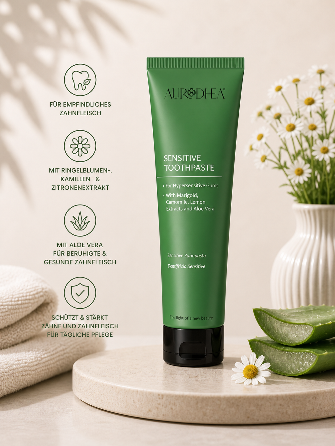 Sensitive Zahnpasta mit Aloe Vera 
Angereichert mit Ringelblumen-, Kamillen- & Zitronenextrakt #CR38B