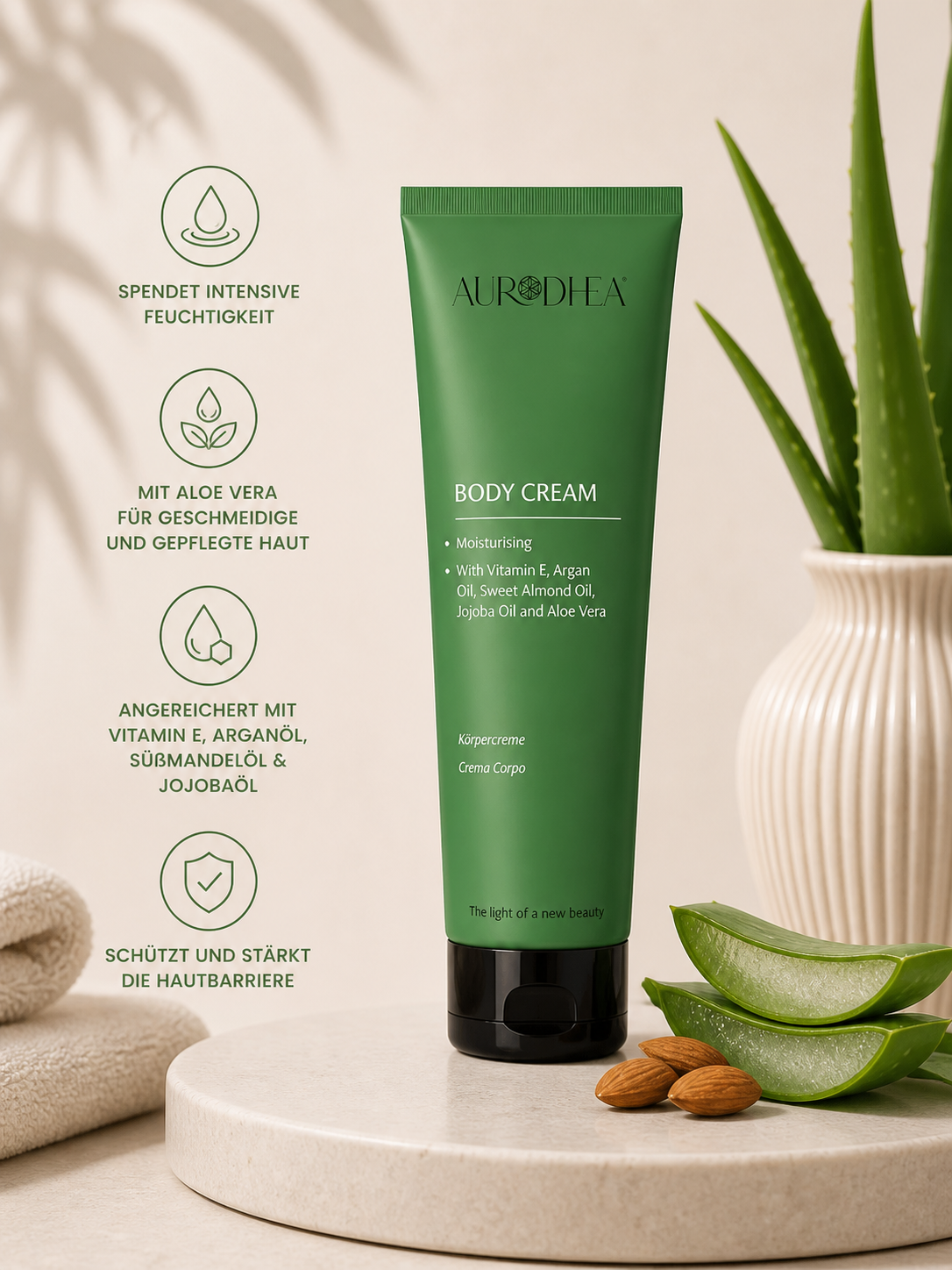 Körpercreme mit Aloe Vera 
Angereichert mit Arganöl, Mandelöl, Jojobaöl & Vitamin E #AL09B #CU30B