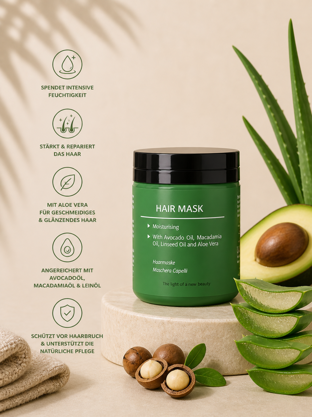Haarmaske mit Aloe Vera 
Angereichert mit Avocadoöl, Macadamiaöl & Leinöl #CAP14B