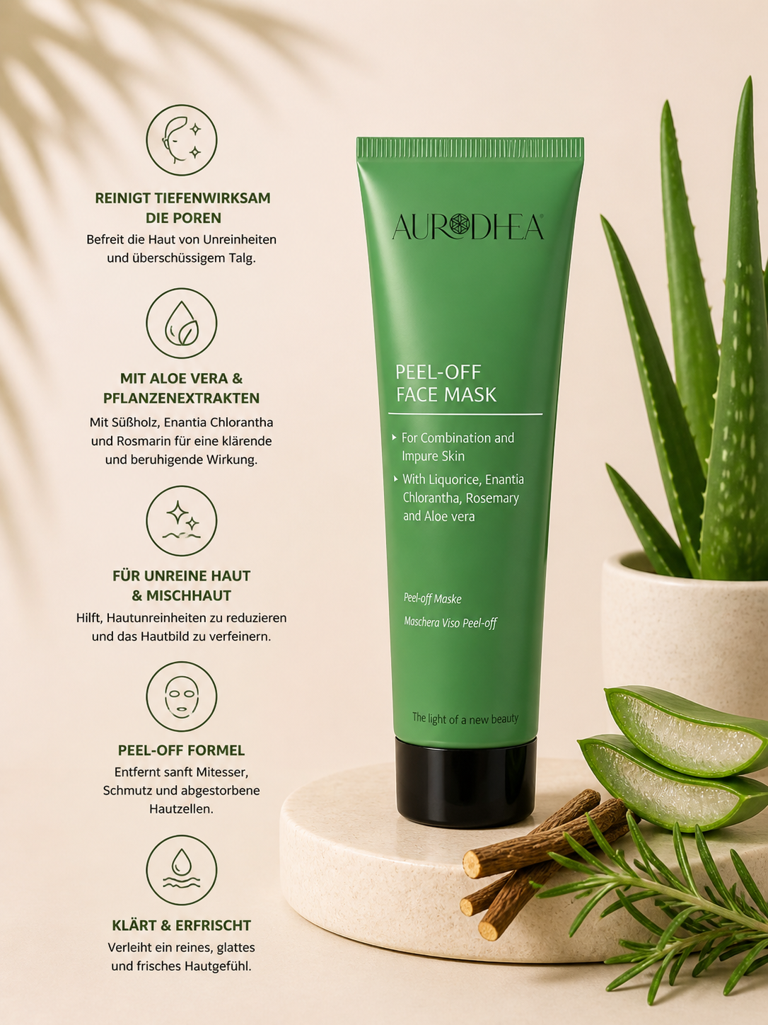 Peel-Off-Maske mit Aloe Vera – Für unreine Haut & Mischhaut 
Angereichert mit Süßholz, Enantia Chlorantha & Rosmarin #AL11B