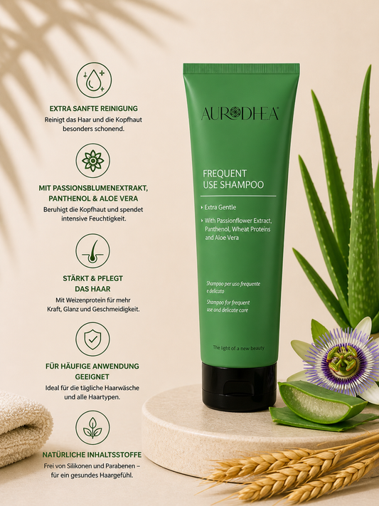 Shampoo für die häufige Haarwäsche mit Aloe Vera 
Angereichert mit Panthenol, Weizenprotein & Passionsblumenextrakt #AL05B #AL01B