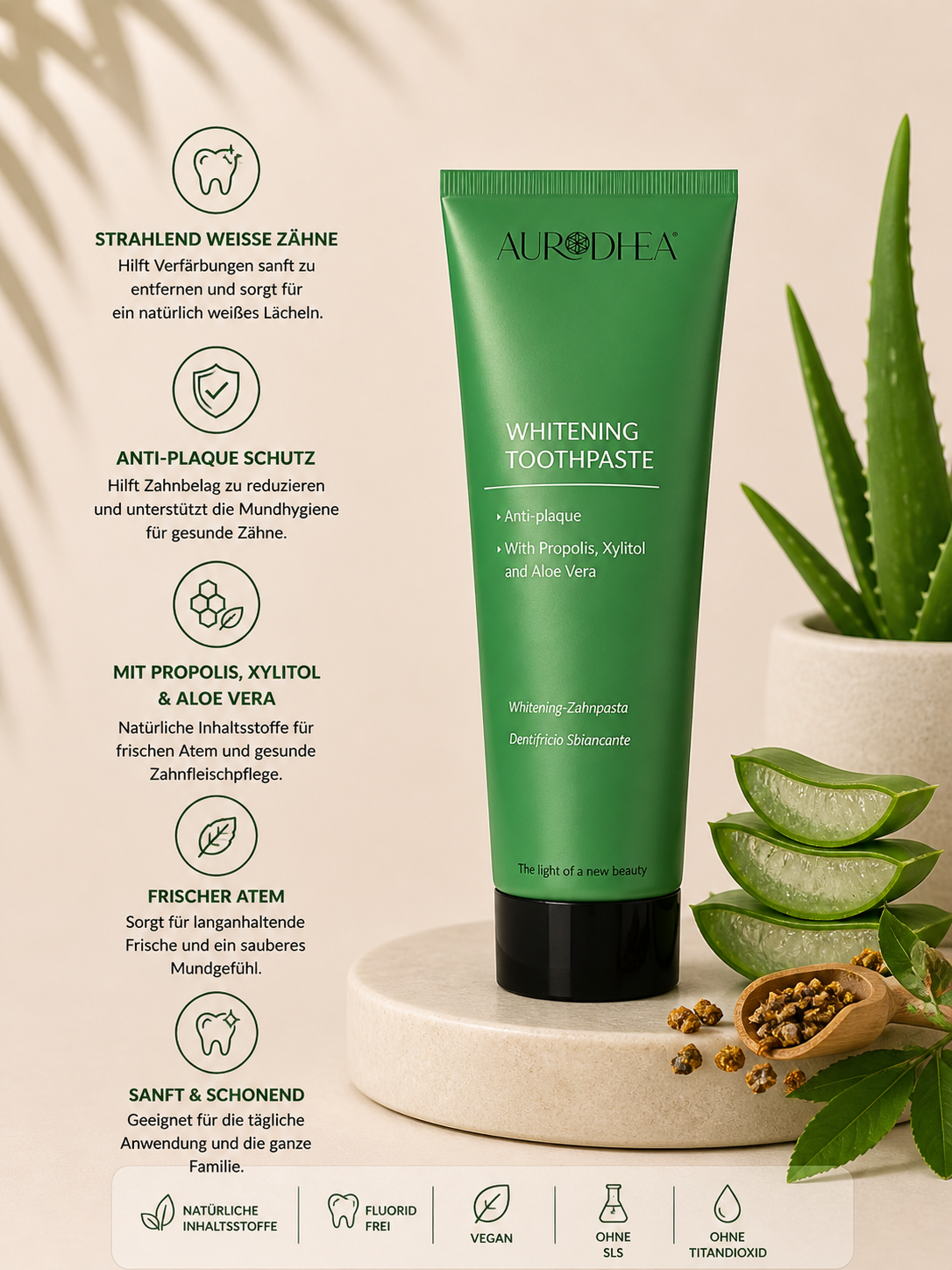 Whitening-Zahnpasta mit Aloe Vera 
Angereichert mit Propolis & Xylitol #AL08B
