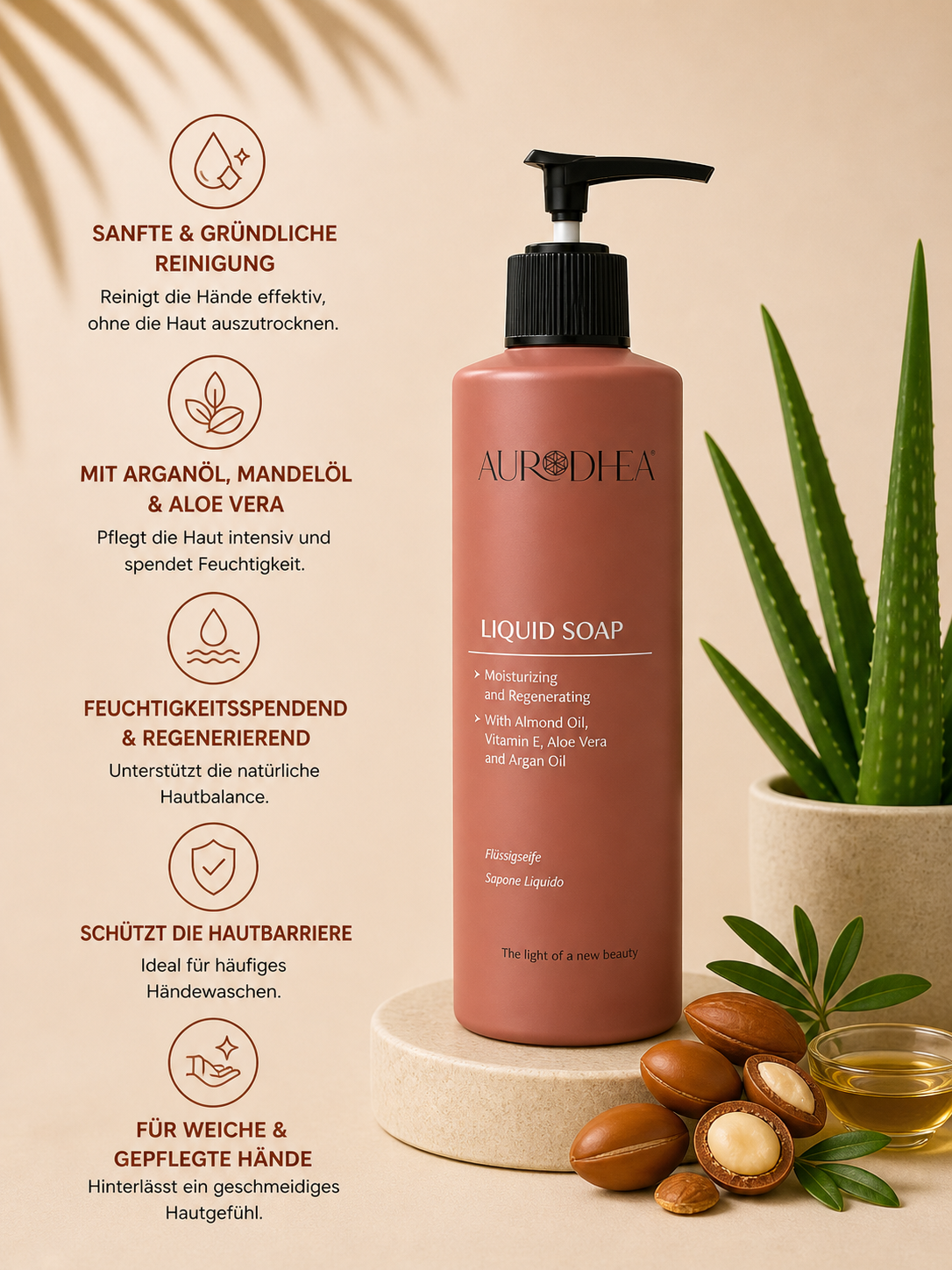Flüssigseife mit Arganöl 
Angereichert mit Mandelöl, Aloe Vera & Vitamin E #AR08B  #RSAR08B