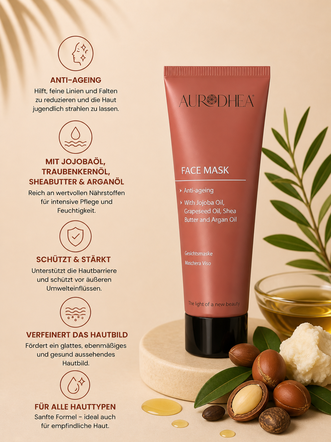 Anti-Age Gesichtsmaske mit Arganöl 
Angereichert mit Jojobaöl, Traubenkernöl & Sheabutter #AR07B