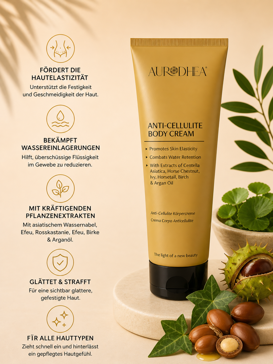 Anti-Cellulite Körpercreme mit Arganöl 
Angereichert mit Extrakten aus asiatischem Wassernabel, Efeu, Schachtelhalm & Birke #CR20B #CU10B