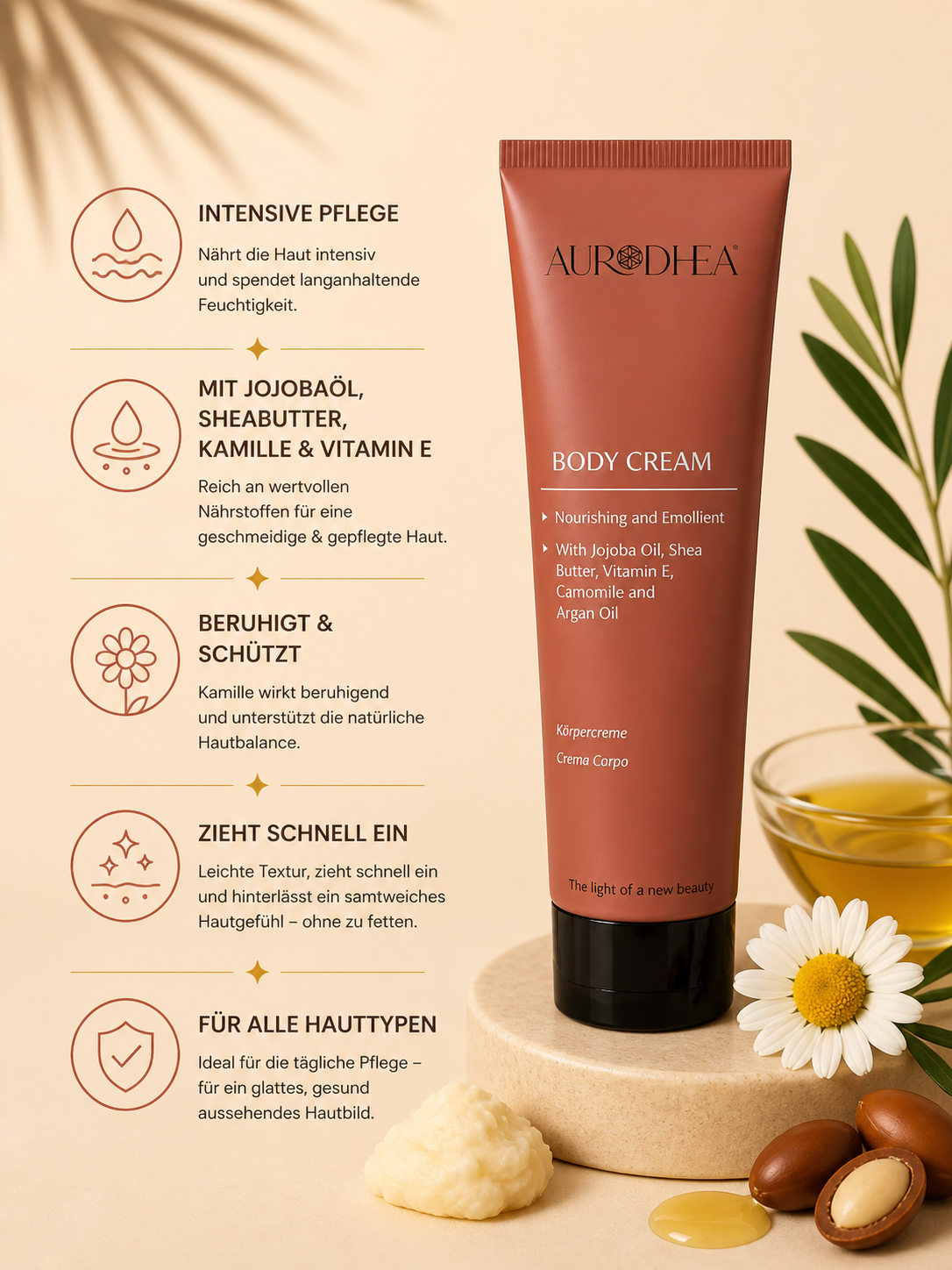 Bio-Körpercreme mit Arganöl 
Angereichert mit Jojobaöl, Sheabutter, Kamille & Vitamin E #AR01B