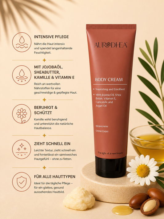 Bio-Körpercreme mit Arganöl 
Angereichert mit Jojobaöl, Sheabutter, Kamille & Vitamin E #AR01B