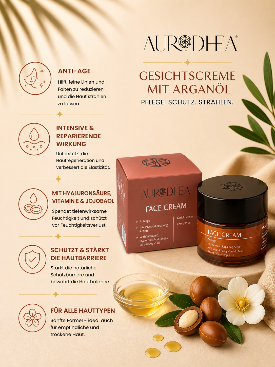 Gesichtscreme mit Arganöl 
Angereichert mit Hyaluronsäure, Vitamin E & Jojobaöl #AR10B #CU14B