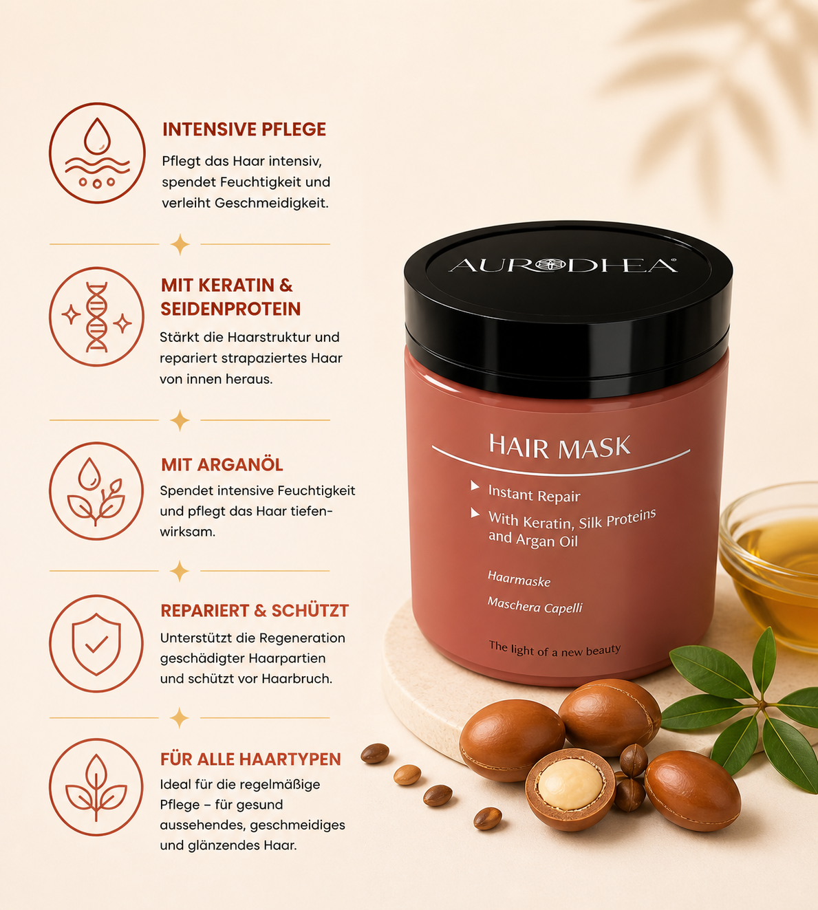 Entwirrende Haarmaske mit Arganöl 
Angereichert mit Keratin & Seidenprotein #CAP24B #CAP01B #AR16B