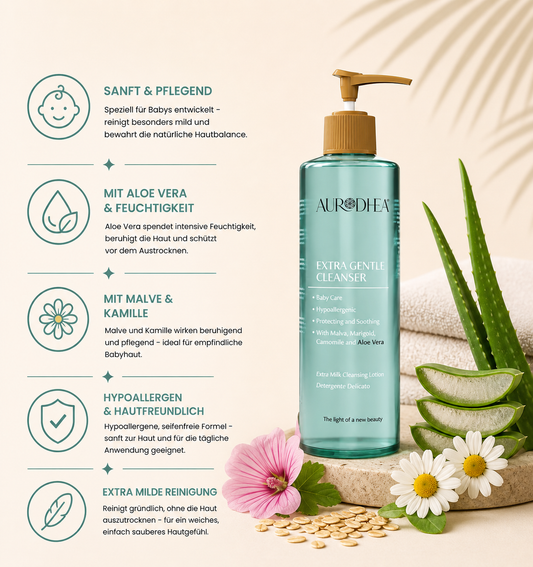 Extra milde Baby-Waschlotion 
Angereichert mit Aloe Vera, Malve, Ringelblume & Kamille #SP06B