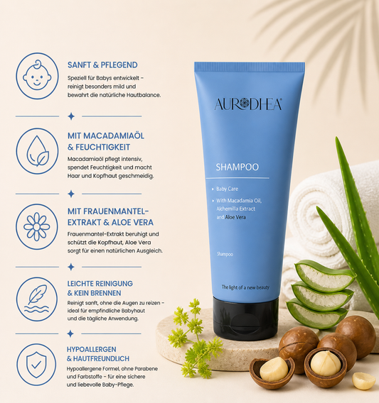 Baby Shampoo 
Angereichert mit Macadamiaöl, Frauenmantel-Extrakt & Aloe Vera #BB02B