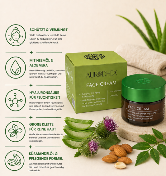 Gesichtscreme mit Neemöl 
Angereichert mit Aloe Vera, Hyaluronsäure, großer Klette & Süßmandelöl #NM06B #CU42B
