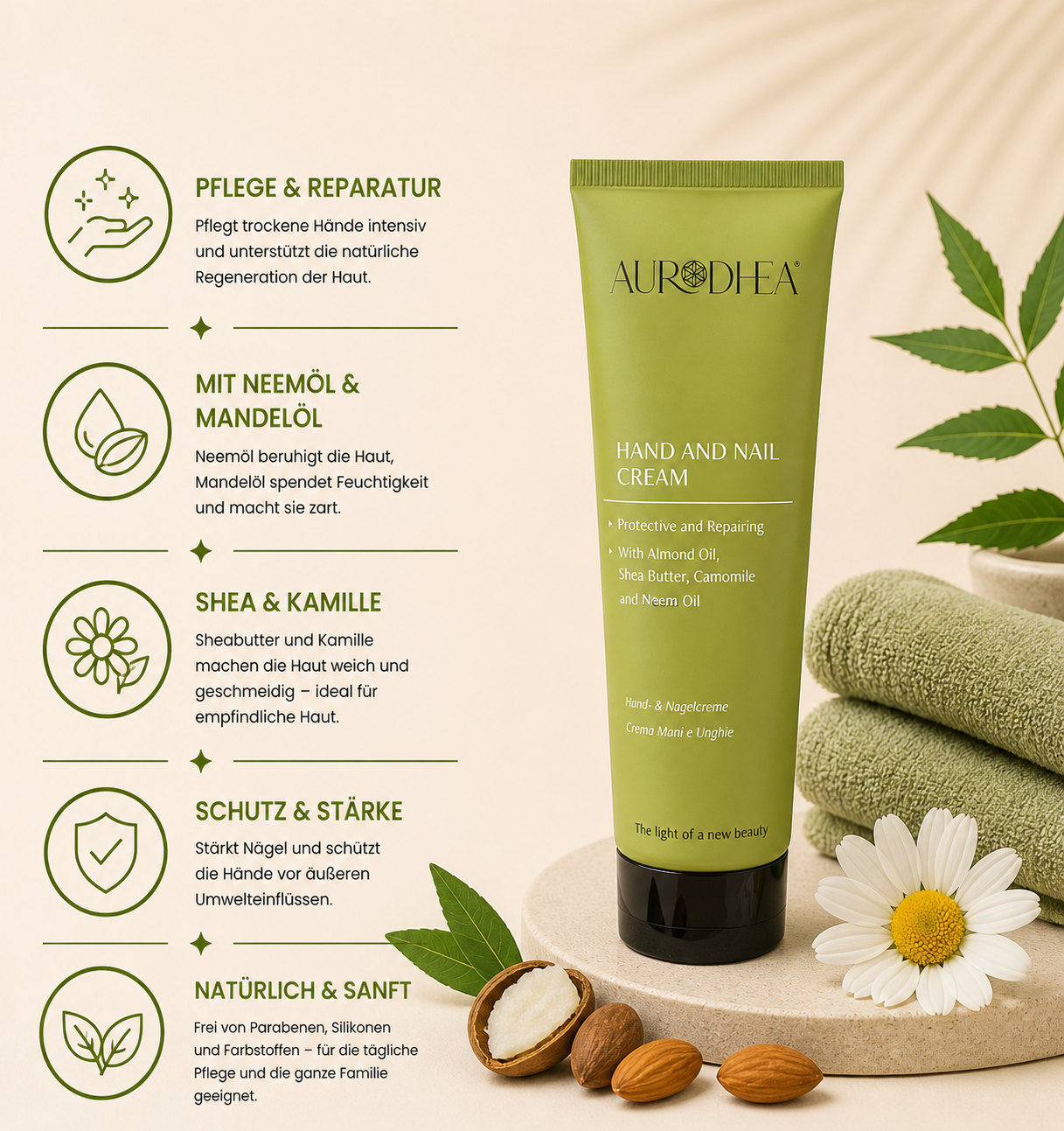 Hand- & Nagelcreme mit Neemöl 
Angereichert mit Mandelöl, Sheabutter & Kamille #NM04B #CU40B