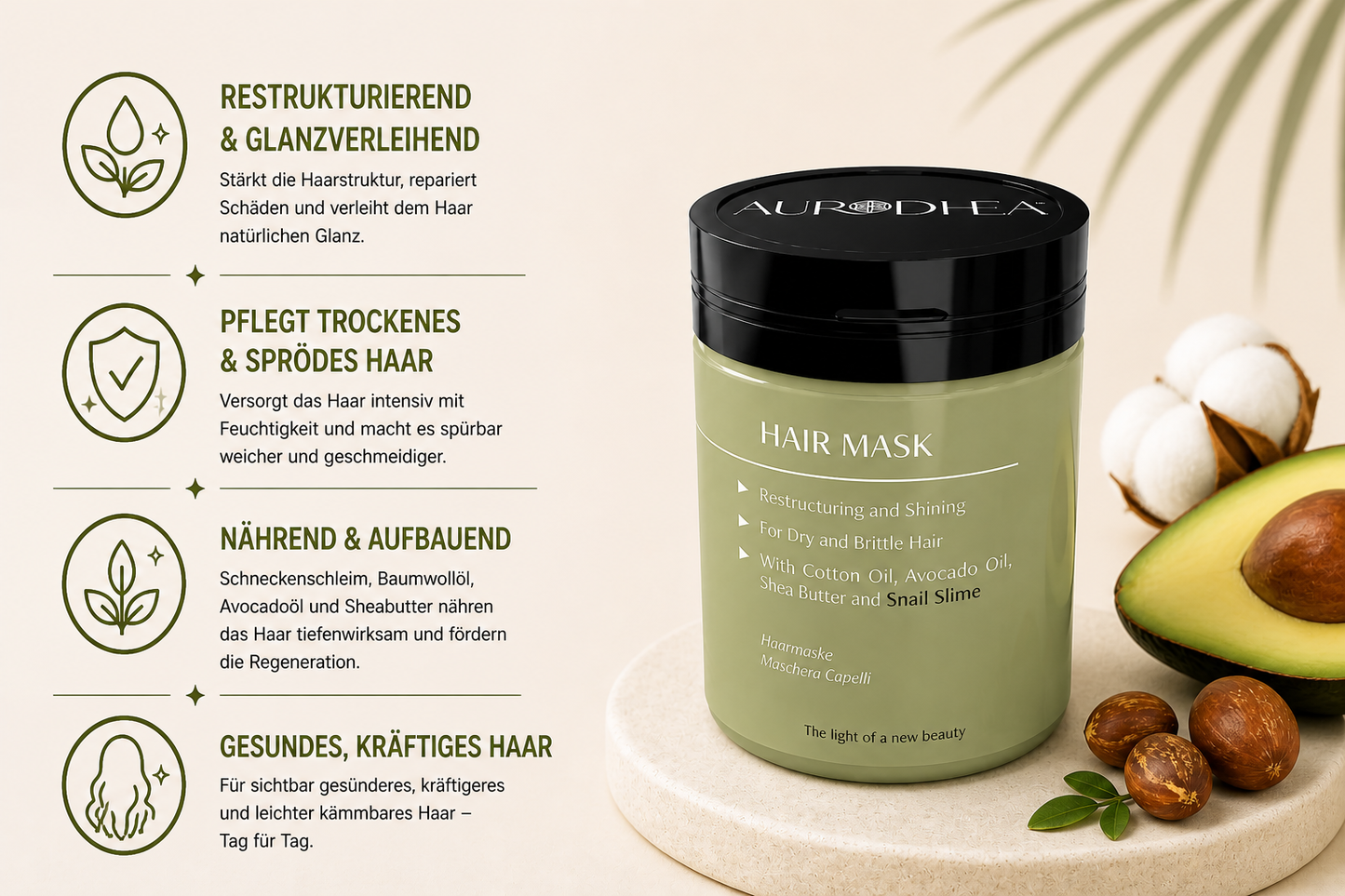 Haarmaske mit Schneckenschleim 
Angereichert mit Baumwollöl, Avocadoöl & Sheabutter #BV05B