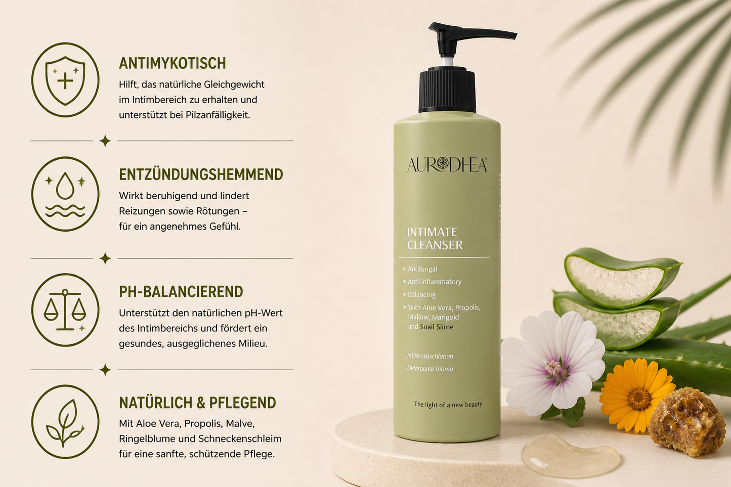 Intim-Waschlotion mit Schneckenschleim
Angereichert mit Aloe Vera, Propolis, Malve & Ringelblume #BV08B