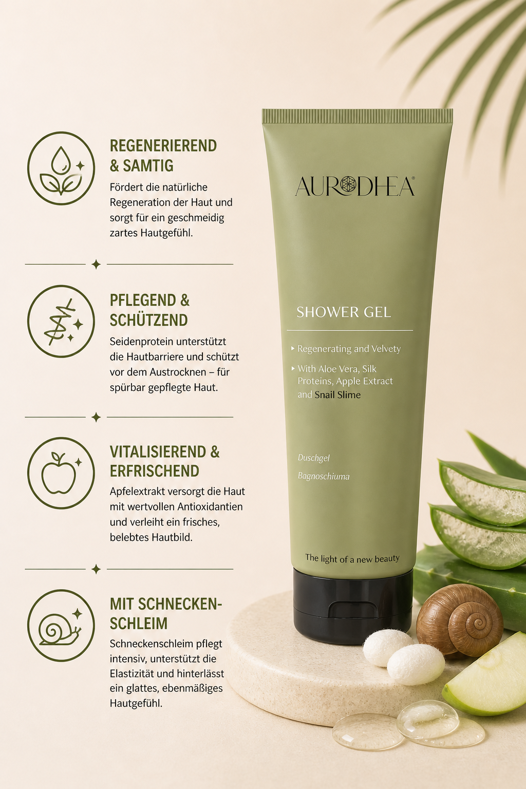 Duschgel mit Schneckenschleim
Angereichert mit Aloe Vera, Seidenprotein & Apfelextrakt #BV01B