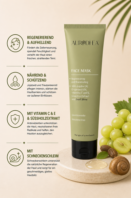 Aufhellende Gesichtsmaske mit Schneckenschleim 
Angereichert mit Vitamin C & E, Jojobaöl, Traubenkernöl & Süßholzextrak #BV03B