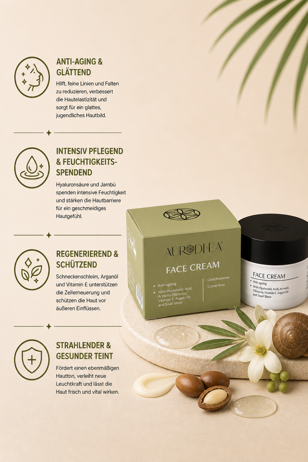Anti-Age Gesichtscreme mit Schneckenschleim 
Angereichert mit Hyaluronsäure, Jambú, Arganöl & Vitamin E #CR02B #CU08B