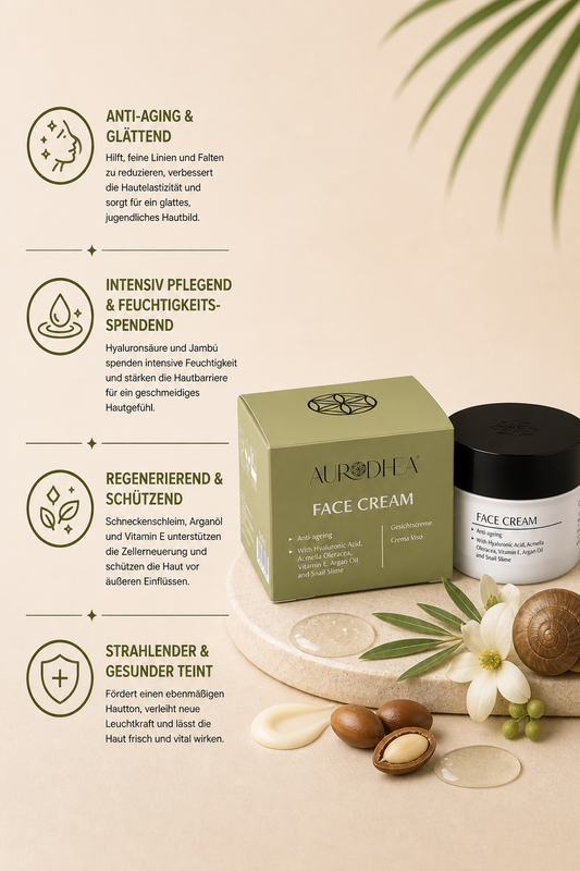 Anti-Age Gesichtscreme mit Schneckenschleim 
Angereichert mit Hyaluronsäure, Jambú, Arganöl & Vitamin E #CR02B #CU08B
