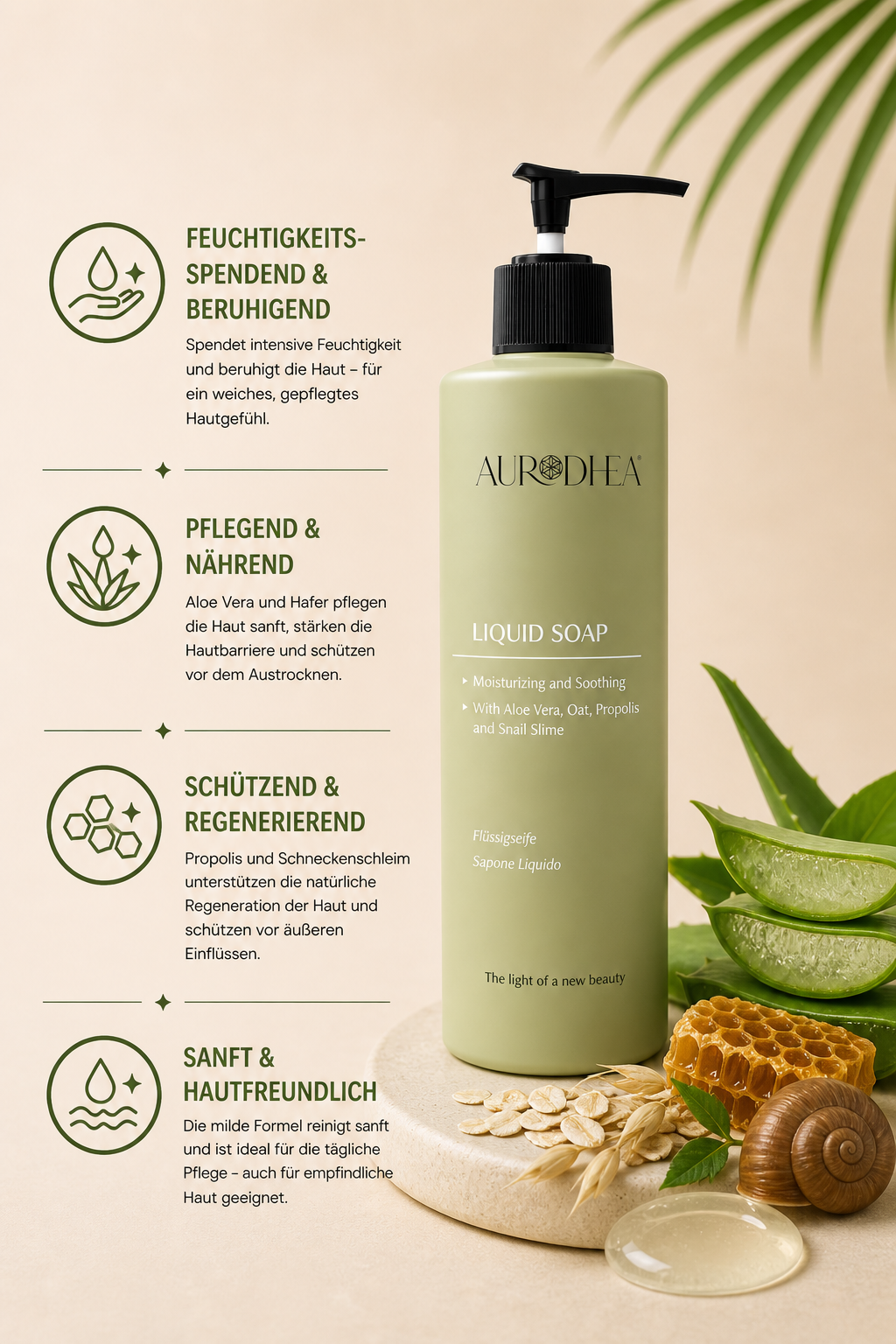 Flüssigseife mit Schneckenschleim 
Angereichert mit Aloe Vera, Hafer & Propolis #BV07B