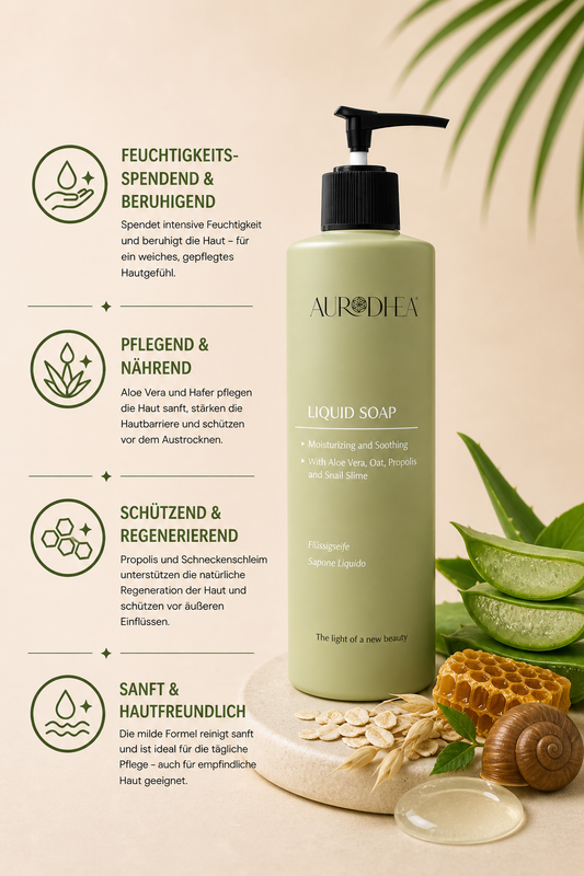 Flüssigseife mit Schneckenschleim 
Angereichert mit Aloe Vera, Hafer & Propolis #BV07B