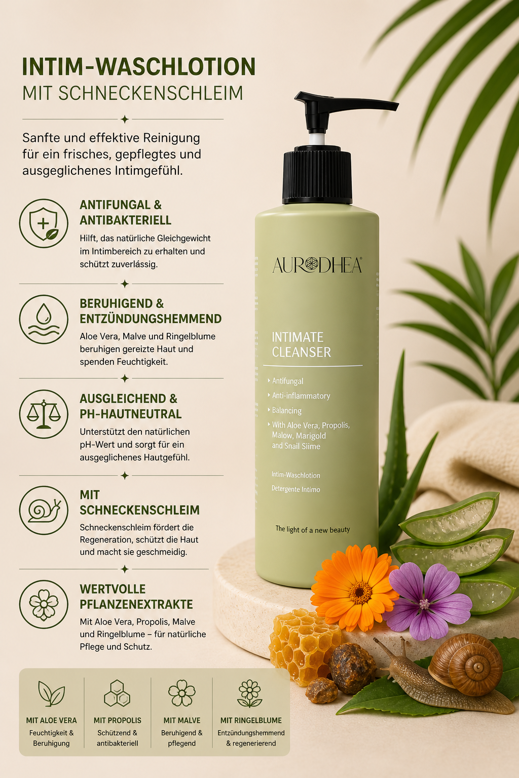Intim-Waschlotion mit Schneckenschleim
Angereichert mit Aloe Vera, Propolis, Malve & Ringelblume #BV08B