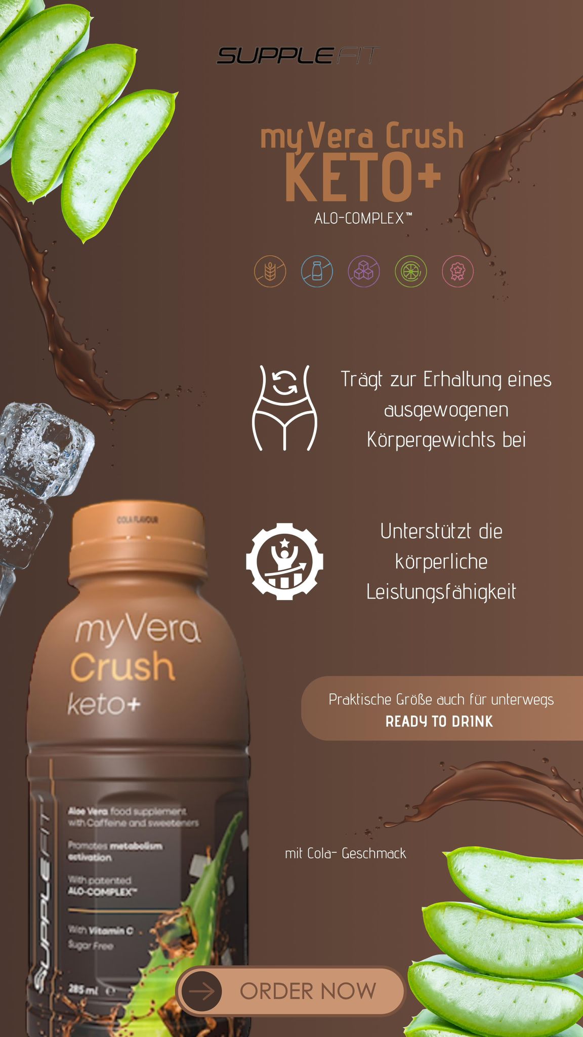 MYVERA CRUSH Keto + | Nahrungsergänzungsmittel mit Koffein und Süßungsmitteln in Einzelflaschen à 285ml